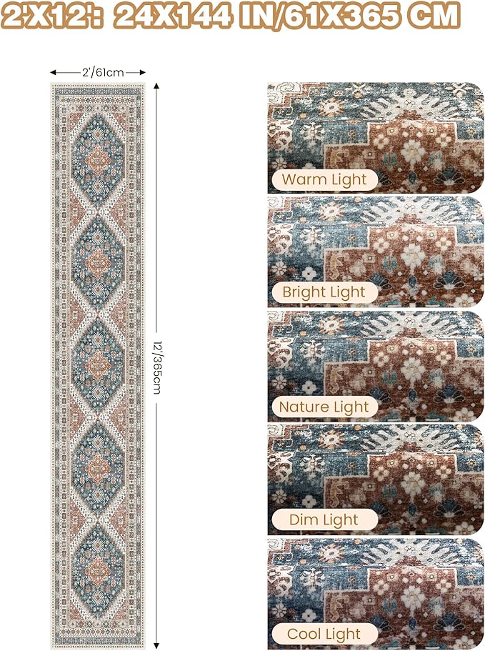 Hallway Runner Rug 2x12, Extra Long Washable Runner Rugs with Rubber Backing, Non Slip Runner, Vintage Rug Runners for Kitchen Laundry Room Entryway (Blue/Red,2'x12')