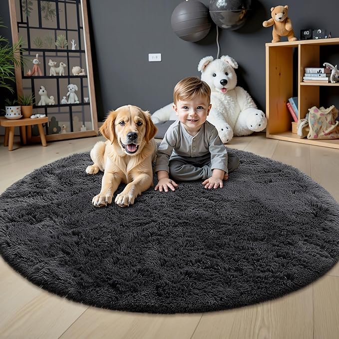 OLANLY Black Round Rugs for Bedroom - Machine Washable, 4 ft Circle Area Rugs for Living Room, Soft and Fluffy Shaggy Carpet for Teen Girls and Boys, Nursery Rooms, Dorms, Home Decor Aesthetic