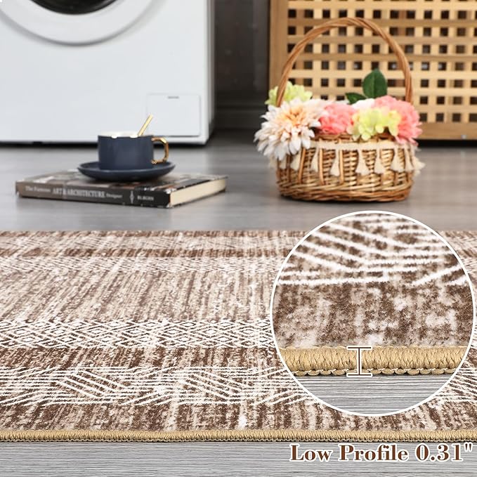 Washable 2.5x10 Kitchen Runner Rug, Easy Clean Geometri Rugs for Hallway Entryway, Indoor Outdoor Non Slip Rug Farmhouse Morden Carpet Door Mat Area Rug for Laundry Room Brown