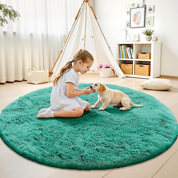 OLANLY Teal Green Round Rugs for Bedroom - Machine Washable, 5 ft Circle Area Rugs for Living Room, Soft and Fluffy Shaggy Carpet for Teen Girl and Boys, Nursery Rooms, Dorms, Home Decor Aesthetic
