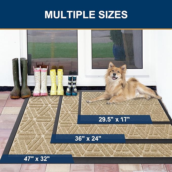 Smiry Front Door Mat Outside Entrance, Heavy Duty Sturdy Natural Rubber Doormat, Trap Dirt and Moisture, Easy Clean Low Profile Mats for Indoor Outdoor Entry, Grid Geometric (29.5x17, Beige)