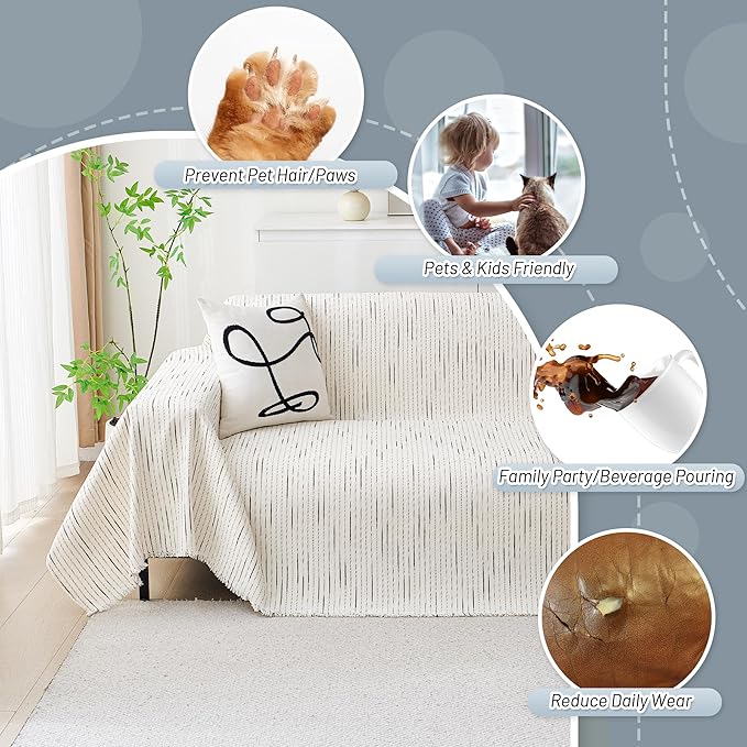 MYSKY HOME Couch Cover for Dogs, Sectional Couch Cover, Beige Lines Sofa Covers for Sectional Sofa L Shape Chenille Couch Protector for Dogs Pets Couch Covers Washable Soft Throw, 71"X134"