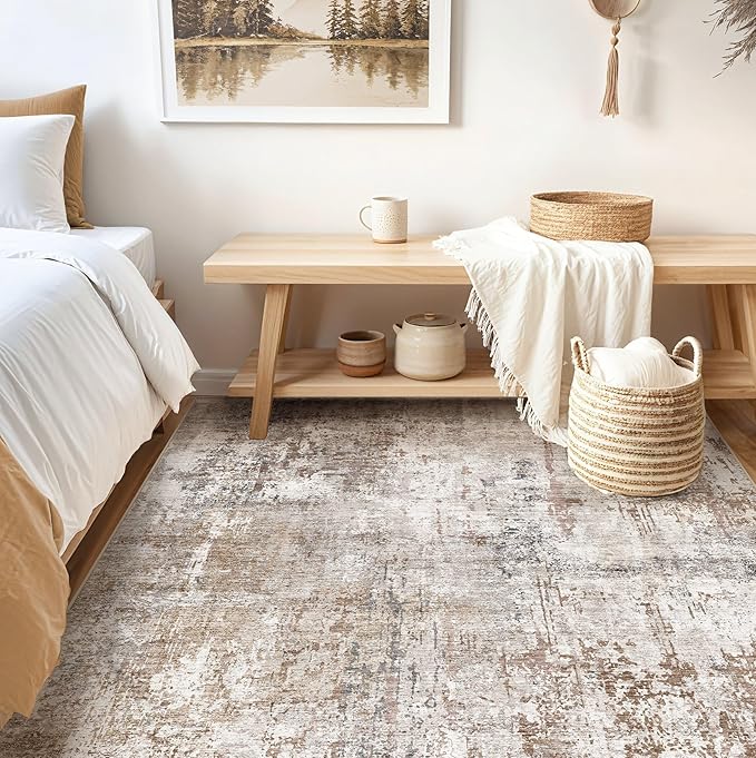 UERMEI Square Area Rugs : Washable 6x6 Neutral Modern Abstract Carpet for Living Room Bedroom - Soft Floor Mat with Non Slip Backing for Kitchen Nursery Dorms Farmhouse Home Decor - Brown/Grey/Red