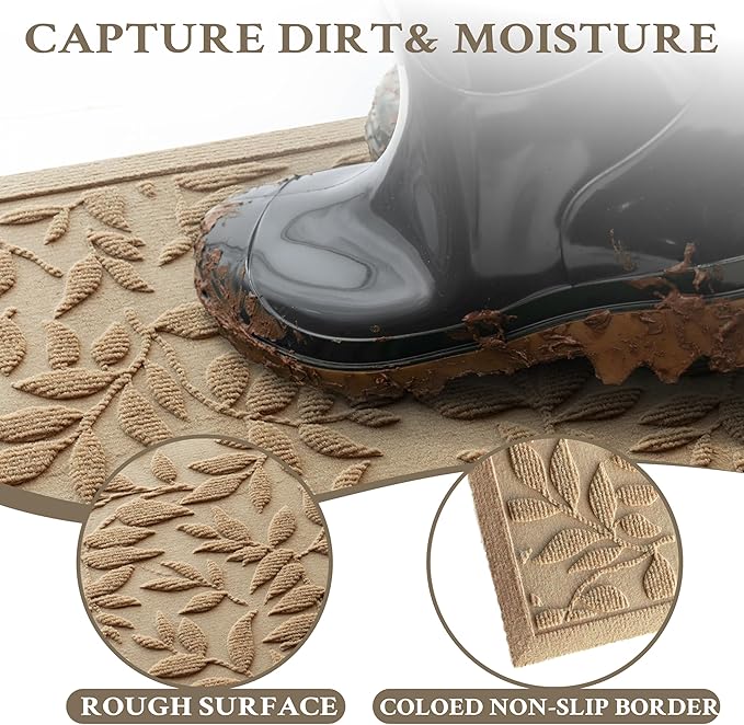 Beige Leaves Outdoor Indoor Entrance Doormats, Absorbent Durable Heavy Duty Welcome Front Door Mat,Thick Natural Rubber Back,Easy Clean Entryway Mat 17x30 Inch, Low Profile