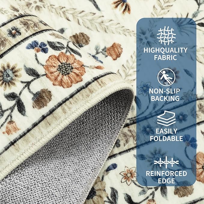 6x9 Machine Washable Area Rugs for Living Room Floral Stain Resistant Soft Carpet Vintage Low Pile Non Slip Non-Shedding Floor Carpet Rugs for Bedroom Nursery Beige
