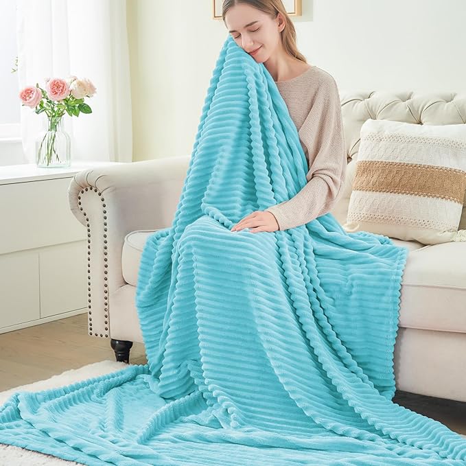 BEDELITE Fleece Throw Blanket for Couch – 3D Ribbed Jacquard Soft and Warm Decorative Fuzzy Blanket – Cozy, Fluffy, Plush Lightweight Light Blue Throw Blankets for Bed, Sofa, 50x60 inches