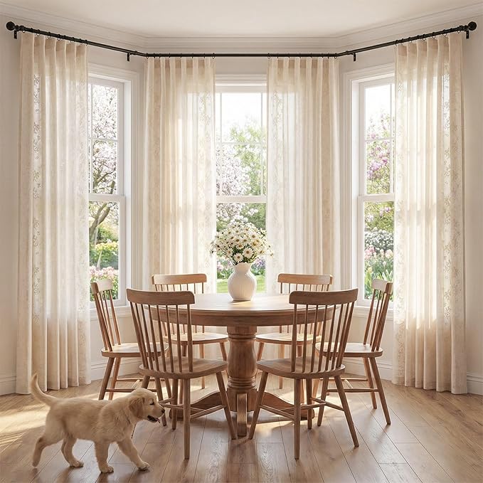 jinchan Evelyn Embroidered Linen Curtains Ivory Farmhouse Floral Window Drapes for Living Room Bedroom Cottagecore Semi Sheer Curtains 84 Inches Long Rod Pocket Back Tab 2 Panels