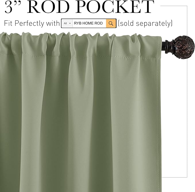 RYB HOME 54 inch Blackout Curtains for Living Room, Rod Pocket Thermal Insulated Small Window Drapes Room Darkening Shades for Bedroom Studio Dorm, W 42 x L 54 inch, Set of 2 Panels, Sage Green