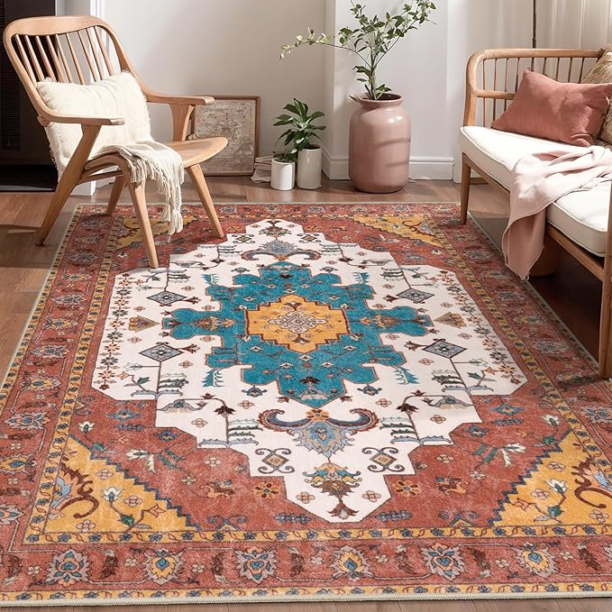 SERISSA Area Rug 4x6 Boho Rugs for Bedroom, Vintage Orange Washable Non Slip Rug, Ultra Soft Print Distressed Low-Pile Throw Rug Carpet for Nursery Dorm Kitchen Living Room Decor