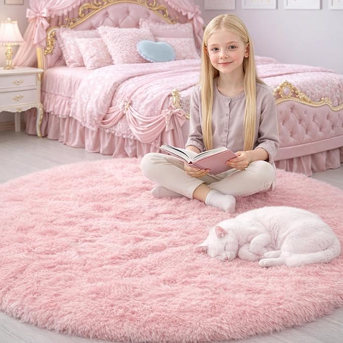 Amdrebio Light Pink Small Cute Round Rug 3Ft for Girls Bedroom, Fluffy Circle Area Rugs for Kids Room Decor Aesthetic, Shag Fuzzy Carpet for Nursery, Preppy Dorm, Classroom, Playroom, Teen, Baby