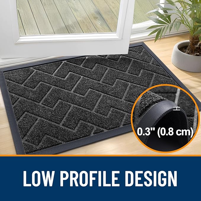 OLANLY Front Door Mat Indoor Outdoor Entrance, Waterproof All-Season, All-Weather Doormat, Sturdy Natural Rubber, Low Profile, Easy Clean Patio Porch Entryway Mat, Herringbone Brick (Black, 47x23)
