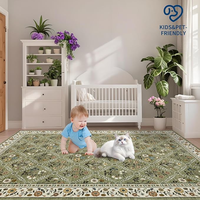 Large Entryway Rug 3x5 Floral Washable Area Rugs Vintage Soft Non-Slip Small Floor Carpet Doormat Stain Resistant Low-Pile Ultra-Thin Entry Mat for Bedside Kitchen Green