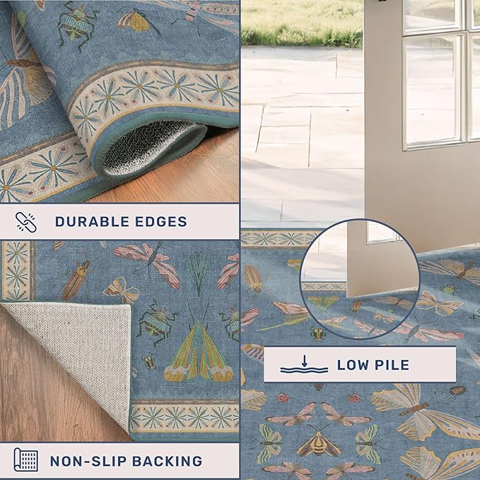 Hazo Haus Insect 3x5 Washable Stain Resistant Rugs for Large Kitchen, Ultra Soft Faux Wool Rugs for Kids Bedroom Beside Bed, Non Slip Entry Rug, Low Pile Fade Resistant, Dusty Blue