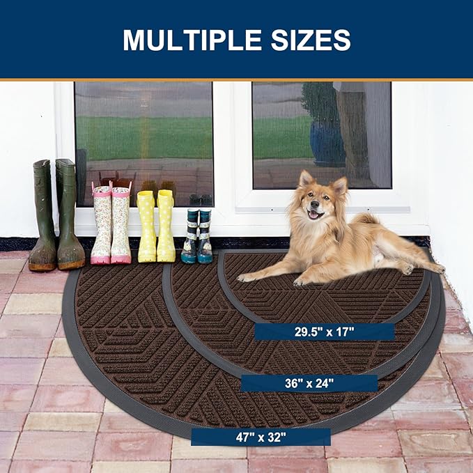 Smiry Half Circle Front Door Mat Outside Entrance, Heavy Duty Sturdy Natural Rubber Doormat, Trap Dirt and Moisture, Low Profile Mats for Indoor Outdoor Entry, Irregular Triangle (47x32, Dark Brown)