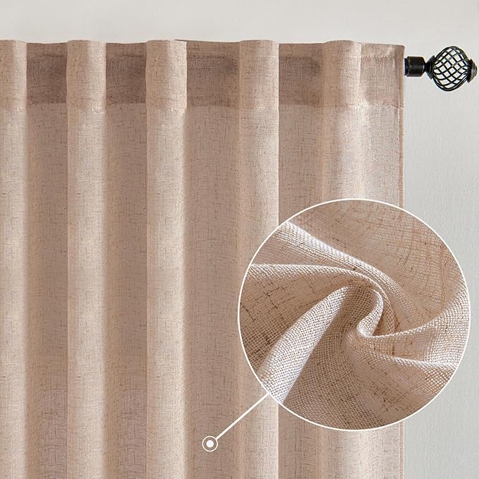 MIULEE Natural Beige Linen Curtains 96 Inches Long 2 Panels for Bedroom Living Room, Soft Linen Textured Window Drapes Semi Sheer Light Filtering Back Tab Rod Pocket Farmhouse Burlap Look Decor