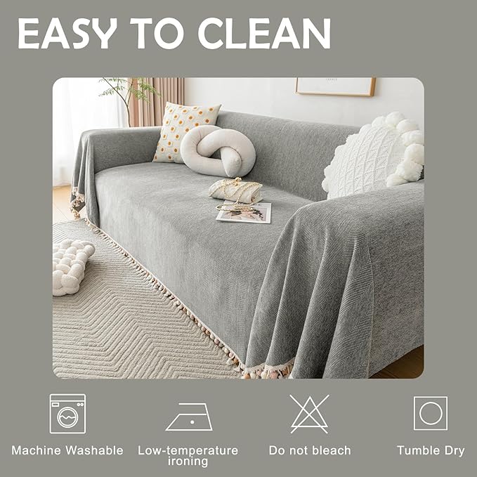 HANDONTIME Couch Slipcovers for Sofas Dark Grey Couches Cover Sofa Cover for Dogs Boho Pet Couch Protector with Tassel Sectional Throw Cover Chenille Herringbone Sofa Cover for 2 3 Seat, 91" X118"