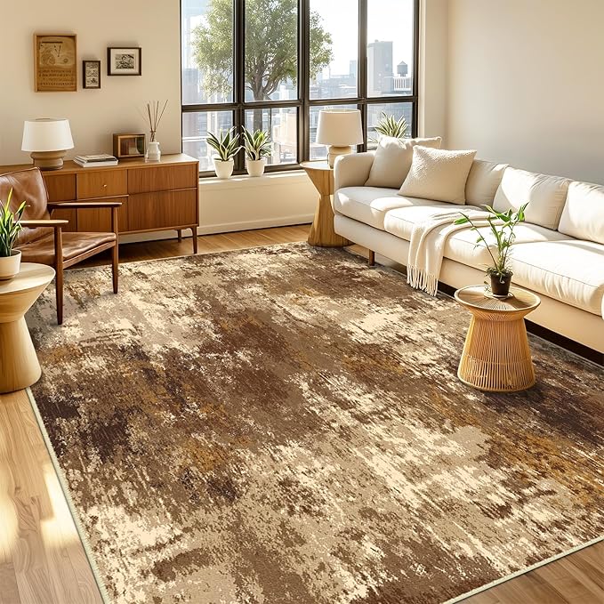 Washable Area Rugs 4'x6' Non-Slip Modern Abstract Soft for Living Room Entryway Bedroom Nursery, Print Pattern, Brown Tan Beige Coffee