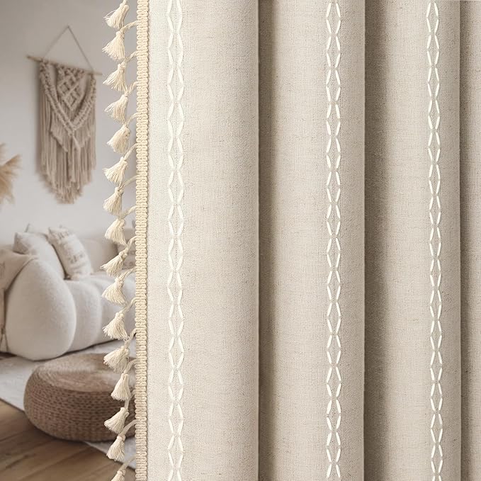 Boho Blackout Curtains 2 Panels 84 Inch for Living Room Bedroom, Beige Linen Texture Farmhouse Curtains with Tassels and Cotton Embroidery Vintage Rustic Western Rod Pocket