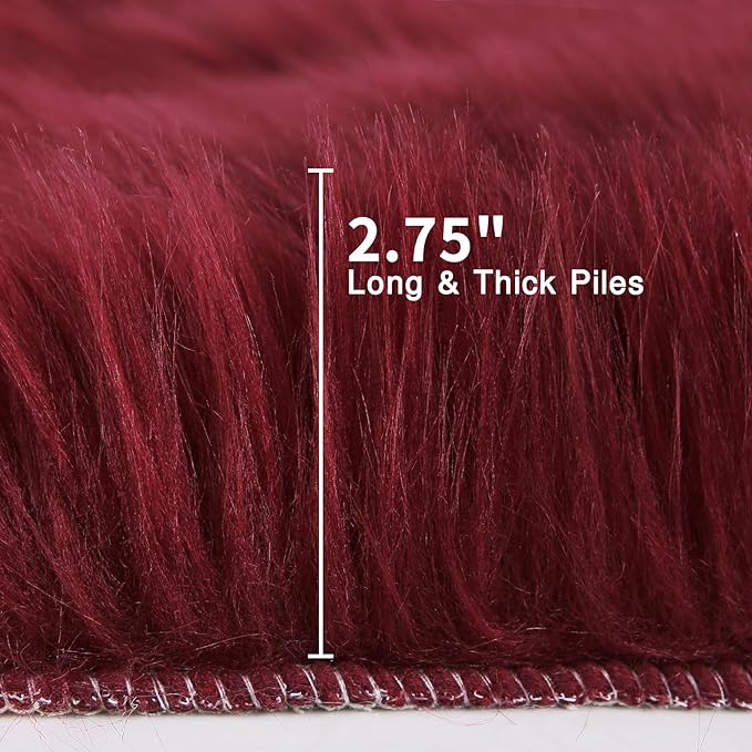 duduta Burgundy Faux Fur Rug 3x5 ft for Nursery Girls Bedroom, Fluffy Shag Rectangle Sheepskin Rug Machine Washable