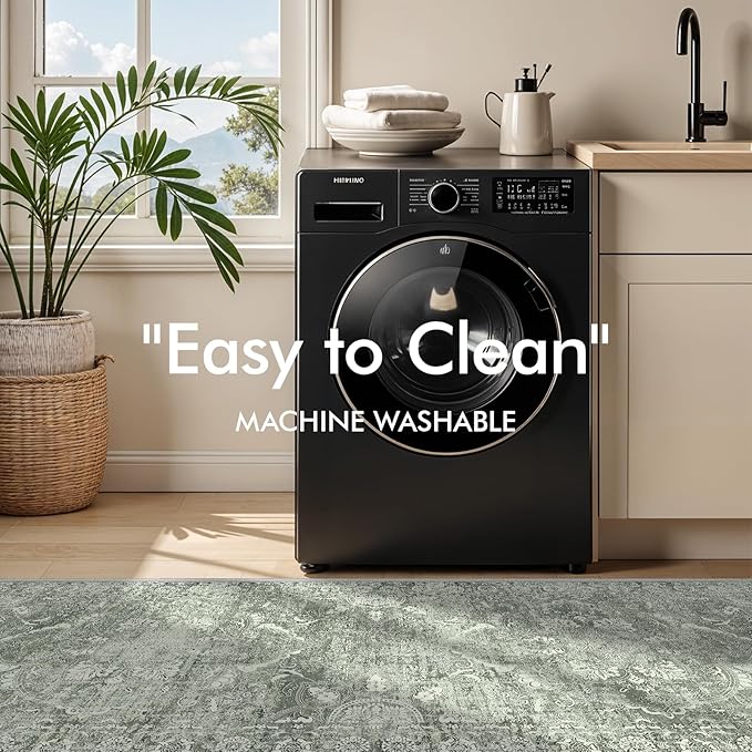 3x6 Washable Hallway Runner Rug - Non Slip Kitchen Runner Rugs with Rubber Backing Vintage Low-Pile Carpet Runners for Entryway Dining Room Laundry Room Home Decor (Muted Sage Green)