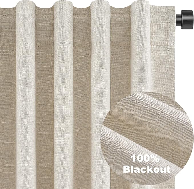 Topfinel Beige White Linen Blackout Curtains 63 Inches Long 2 Panels for Small Window Natural Birch Boho Farmhouse Linen Blend Texture Insulated Hook Belt Back Tab Pocket Pleated Drapes (W52 x L63)