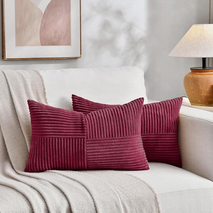 Fancy Homi 2 Packs Burgundy Lumbar Decorative Throw Pillow Covers 14x24 Inch for Living Room Couch Bed, Farmhouse Boho Home Decor, Soft Striped Corduroy Rectangle Accent Cushion Case 35x60 cm