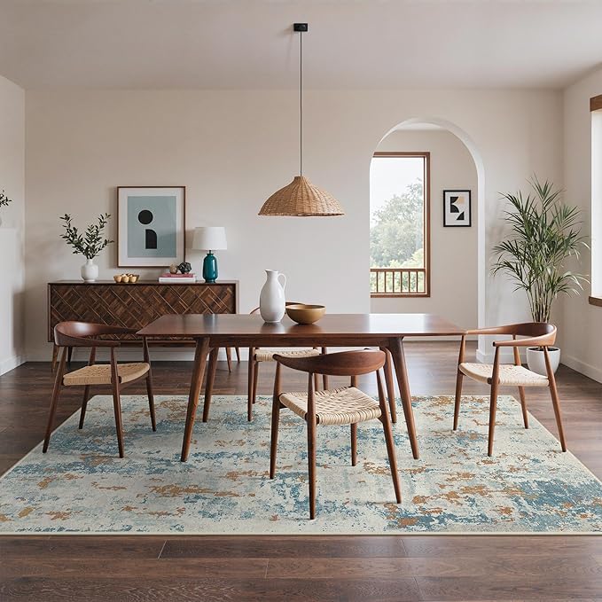 BEIMO Area Rugs 5x7 for Living Room Bedroom, Modern Abstract Machine Washable Rug, Large Soft Low Pile Floor Carpet with Non Slip Backing for Dining Room, Teal and Terracotta