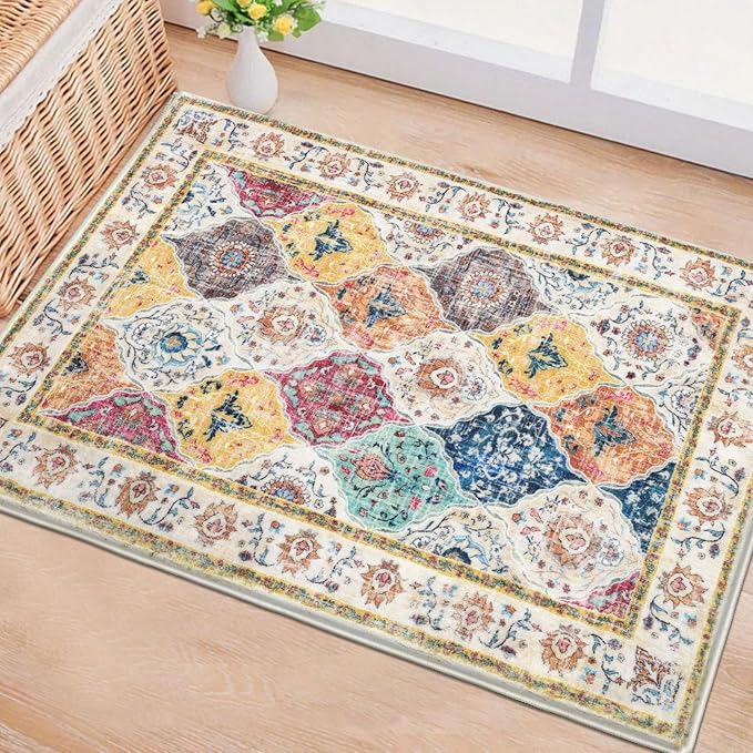 HEBE Washable Area Rug - 2'x3' Non Slip Soft Distressed Medallion Bedroom Boho Living Room Accent Throw Vintage Entry Floor Carpet for Dining Room Bathroom Entryway