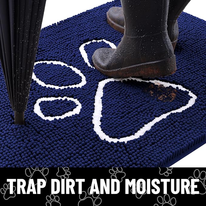 Smiry Dog Door Mat for Muddy Paws, Absorbent Dirt Trapper Non Slip Quick Dry Washable Chenille Mat for Mud Dogs, Entry Rug for Indoor and Outdoor (30x20 Inches, Navy Blue and White)