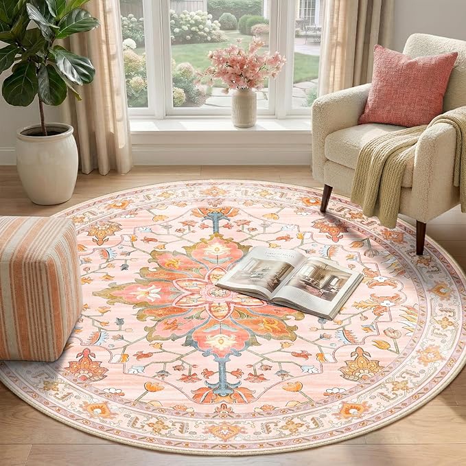 RELEANY Area Rugs 4ft Washable Non-Slip, Floral Vintage Distress Print Pattern Medallion Carpet for Living Room Bedroom Dining Room, Light Pink Colorful