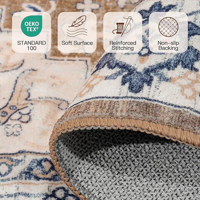 Lofus 8ft Area Rugs for Living Room, Washable Area Rug, Rugs for Bedroom, Kitchen, Vintage Boho Carpet, Soft Non-Slip, Low Pile Large Area Rug for Office Dining Room, Floral Brown