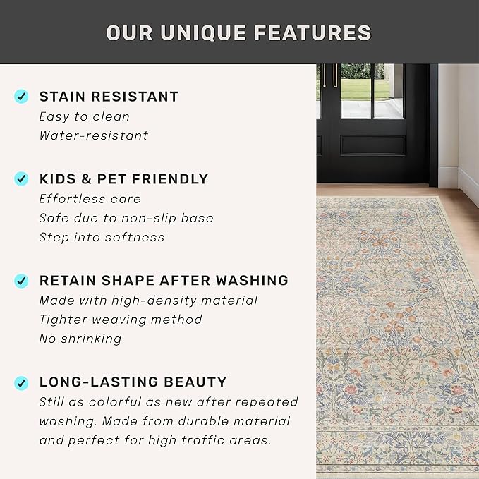 Washable 3x20 Wide Hallway Runner Rug - Beige Blue Ultra Soft Extra Long Runner Non Slip, Low Pile Stain Resistant Boho Pastel Rug for Large Kitchen, Entryway