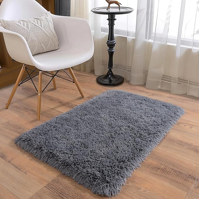 Ultra Soft Runner Rugs for Bedroom Hallways with Upgraded Non-Slip Rubber Backing & Thick Memory Sponge, 2x3 Feet Fluffy Shag Throw Area Rug for Bedside Dorm Dark Grey
