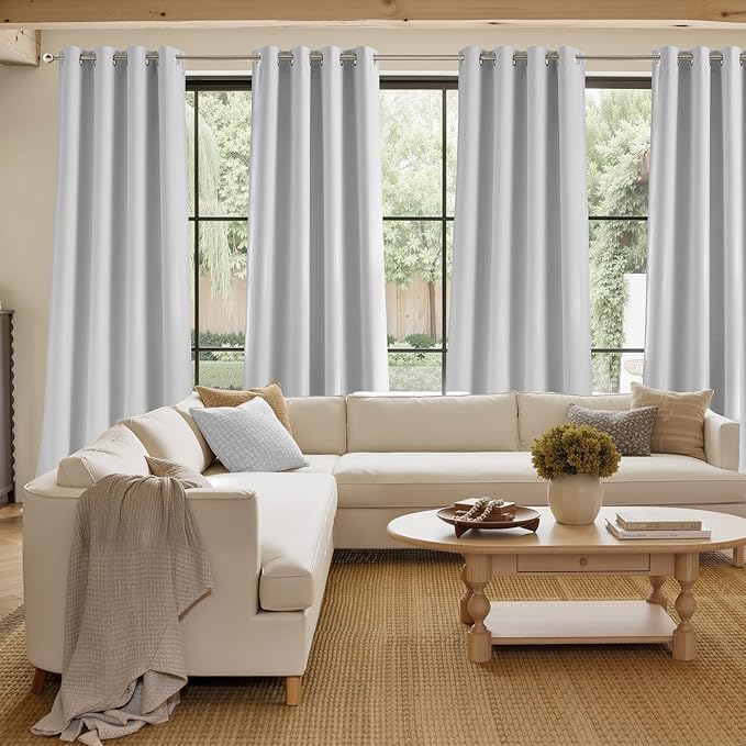NICETOWN Greyish White Faux Linen Room Darkening Rod Pocket Curtains 63 inch Length, W42 x L63, Light Blocking Thermal Insulated Noise Reducing Drapes for Bedroom Living Room Farmhouse Decor, 2 Panels