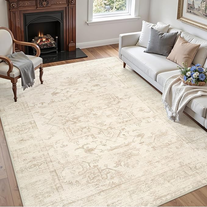 5x7 Area Rugs for Living Room: Vintage Boho Neutral Washable Rug Indoor Soft Large Area Rug Carpet for Bedroom Nursery Farmhouse Dining Room Office Floor Non-Slip Low Pile Under Table Rug Beige/Brown