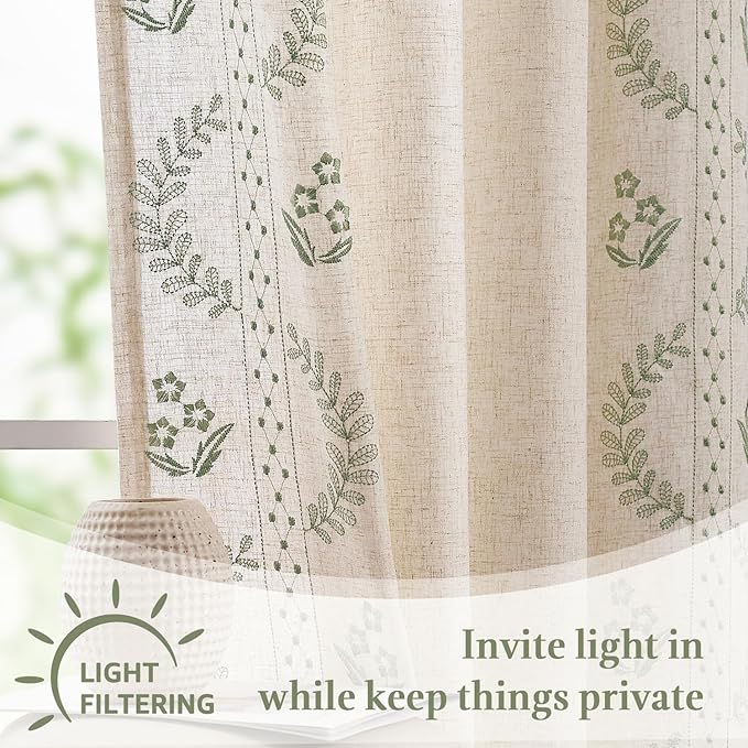 jinchan Belrose Linen Floral Cafe Curtains 45 Inch Length Embroidered Farmhouse Curtains for Kitchen Bedroom Bathroom Small Windows Curtain Set Light Filtering 2 Panels Sage Green
