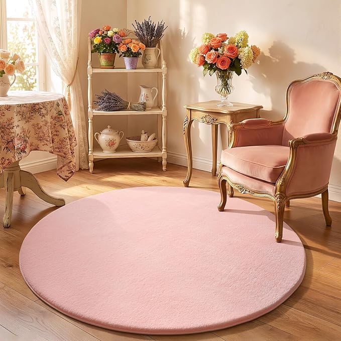 Amearea Pink Round Area Rugs 4ft Washable Circle Rugs for Bedroom Living Room, Fluffy Indoor Thickened Memory Foam Rug, Non Slip Minimalist Circular Carpet for Kids Boys Girls Dorm Nursery Room Decor