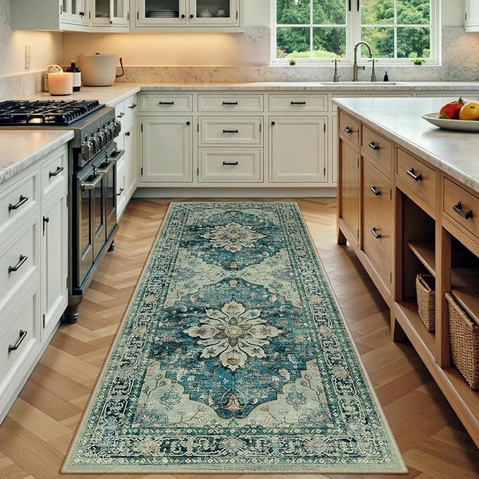 Area Rugs 3'x6' Runner Rug Non Slip Washable for Kitchen Hallway Bedroom Beside Laundry Room Bathroom Rug, Floor Carpet, Dark Blue Vintage