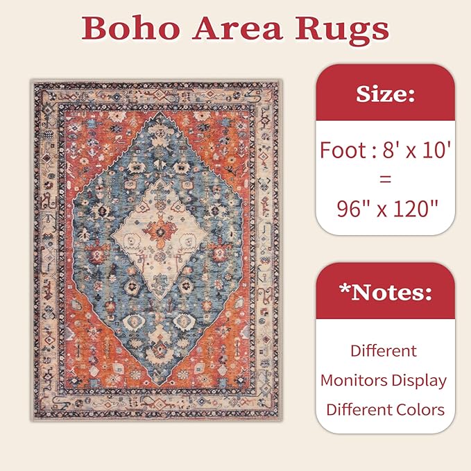 SERISSA Boho Tribal 8x10 Area Rugs, Washable Vintage Large Living Room Rug Non-Slip, Ultra Soft Oriental Print Distressed Farmhouse Carpet for Dining Room Bedroom Dorm Office Home Decor
