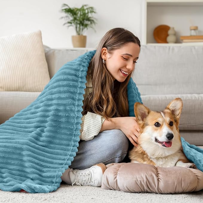 BEDELITE Fleece Blanket Twin Size – 3D Ribbed Jacquard Soft and Warm Decorative Fuzzy Blankets – Cozy, Fluffy, Plush Lightweight Throw Blankets for Couch, Bed, Sofa(Washed Blue, 60x80 inches)
