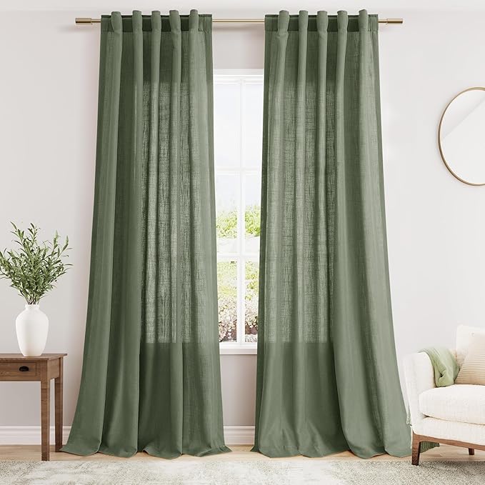 Olive Green Semi Sheer Curtains 108 Inches Long 2 Panels Back Tab Loop Pocket Linen Blend Boho Large Window Curtain Extra Long Light Filtering Drapes High Ceiling Curtains for Living Room 40x108