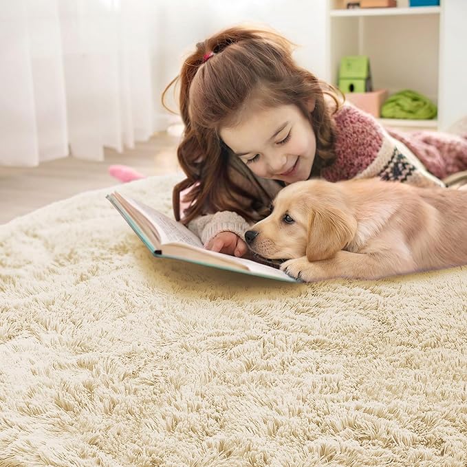 OLANLY Cream Round Rugs for Bedroom - Machine Washable, 6 ft Circle Area Rugs for Living Room, Soft and Fluffy Shaggy Carpet for Teen Girl and Boys, Nursery Rooms, Dorms, Home Decor Aesthetic