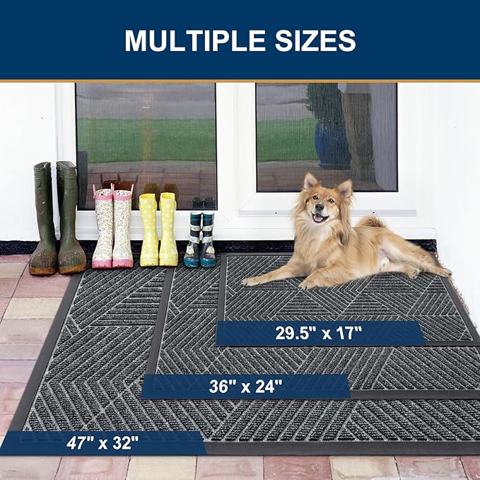 Smiry Front Door Mat Outside Entrance, Heavy Duty Sturdy Natural Rubber Doormat, Trap Dirt and Moisture, Easy Clean Low Profile Welcome Floor Mats for Indoor Outdoor Entry, 35X23 Inch, Grey