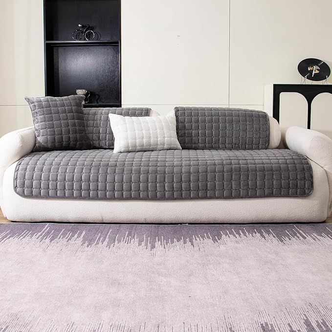Velvet Couch Cover, Washable Sectional Sofa Cover, Anti Slip Sofa Slipcovers for 3 Cushion Couch Sofa L Shaped Recliner, Furniture Protector Covers for Pets Kids(Dark Grey, Only 1 PCS)
