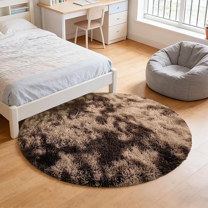 Fluffy Round Rug,Soft Area Rugs for Girls Room,Shaggy Rugs 6'X6' for Living Room,Non Slip Circle Rug for Kids Bedroom,Shag Plush Nursery Carpets,Fuzzy Rug for Dorm,Room Decor Carpet,Tie-Dyed Coffee