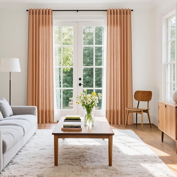 Peach Quartz Linen Curtains 96 Inch Length 2 Panel Set Back Tab Rod Pocket Textured Light Filtering Semi Sheer Boho Aesthetic Burlap Look Drapes for Bedroom and Living Room Decoration 8Ft 52x96 Inch