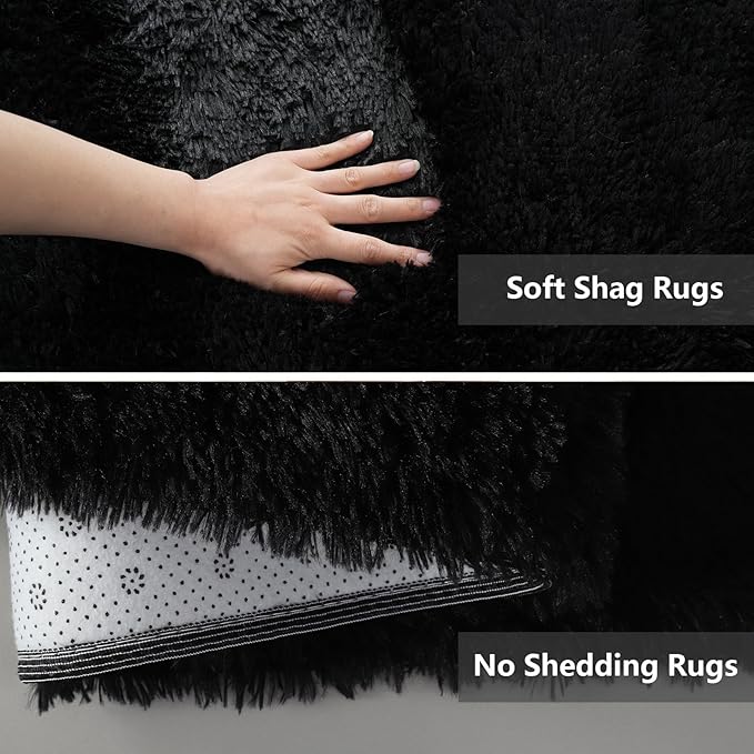 Shag Area Rugs for Bedroom Living Room,8X10 Ultra Soft Fluffy Area Rugs for Dorm, Indoor Carpet Nursery Rugs for Kids Room Home Decor, Black