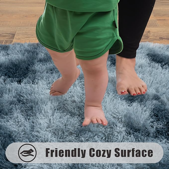 Soft Runner Rugs for Bedroom Hallways, 2x6 Tie-Dyed Blue Grey Fluffy Shag Throw Area Rug Non Slip for Bedside Dorm, Long Shaggy Furry Carpet for Nursery Living Room