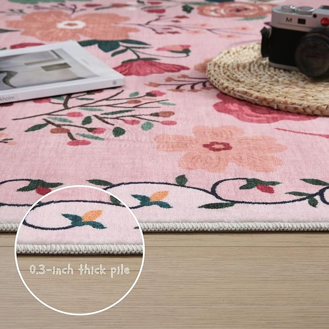 Rugcomf Round Rug 4ft Washable Circle Rug Non Slip Low Pile Boho Floral Small Circular Rug for Bedroom, Bathroom, Entryway, Kids Room, Office, College Dorm(Pink)