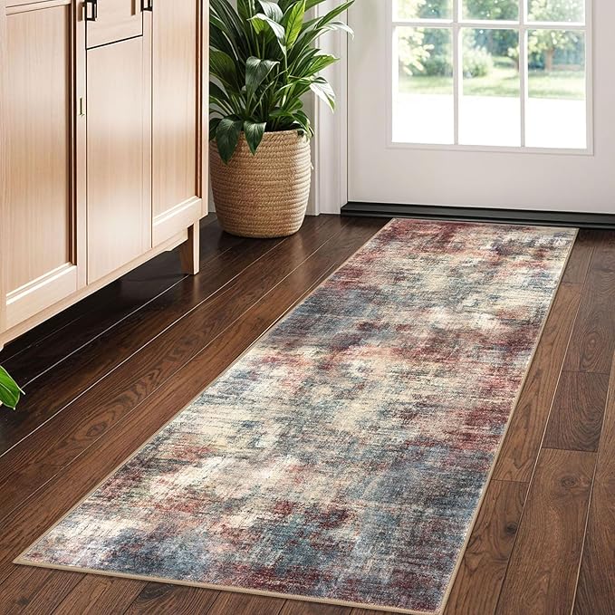 IOHOUZE Abstract Runner Rug 2x5 Ft Washable Runners for Hallways, Non Slip Kitchen Runner Printed Faux Wool Entryway Runner Indoor, Modern Abstract Floor Carpet for Hall Kitchen Bedroom, Red/Multi